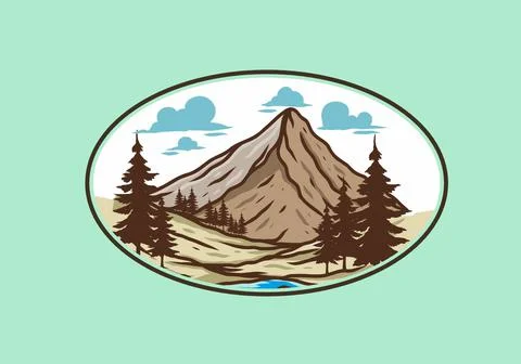 Mountain and pine trees line art illustration Stock Illustration