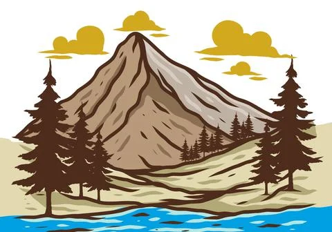 Mountain and pine trees line art illustration Stock Illustration