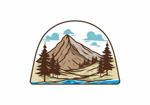Mountain and pine trees line art illustration Stock Illustration