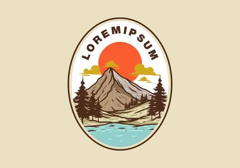 Mountain and pine trees line art illustration Stock Illustration