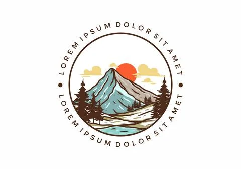 Mountain and pine trees line art illustration Stock Illustration