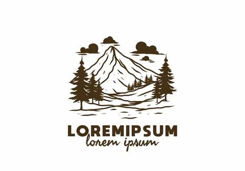 Mountain and pine trees line art illustration Stock Illustration
