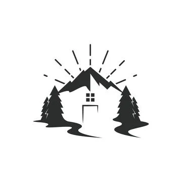 Mountain and pines tree cabin icon vector illustration concept design templat Stock Illustration