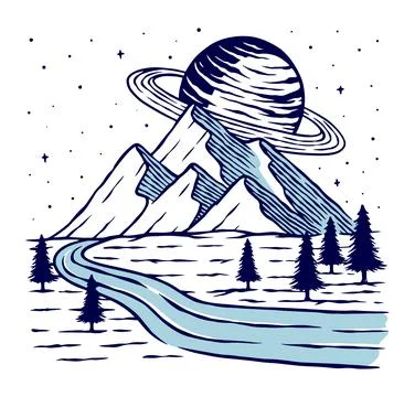 Mountain and planet vector illustration hand drawn Stock Illustration