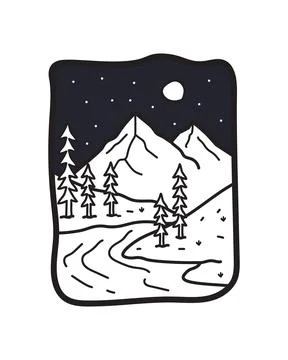 Mountain and river camping nature adventure in the night wild line badge Stock Illustration
