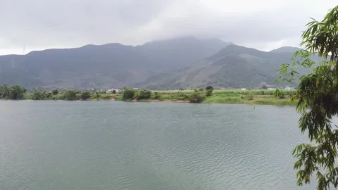 Mountain and river landscape of Da Nang - Vietnam with aerial angle Stock Footage 260590792