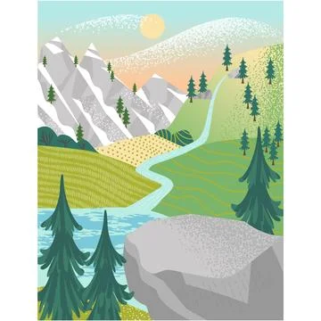Mountain and river vector landscape flat cartoon Stock Illustration