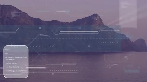 Mountain and sea hosting code panels HUD layers appearing sliding fading Stock Footage 332843865