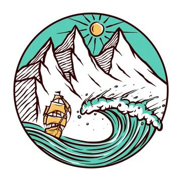 Mountain and ship vector illustration hand drawn Stock Illustration