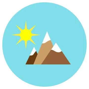 Mountain and sun icons in a flat style. Vector image on a round colored backg Stock Illustration