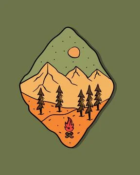 Mountain and tree camping nature adventure in the night wild line badge patch Stock Illustration