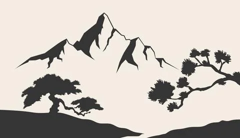 Mountain and tropical trees vector illustration. Contours of the mountains Stock Illustration
