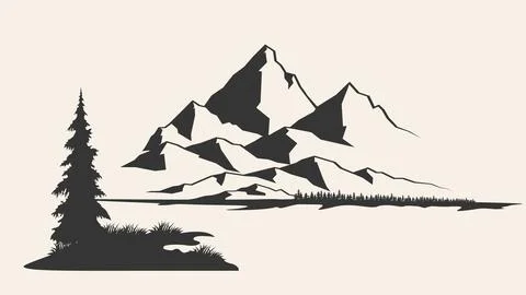 Mountain and tropical trees vector illustration. Contours of the mountains 스톡 일러스트