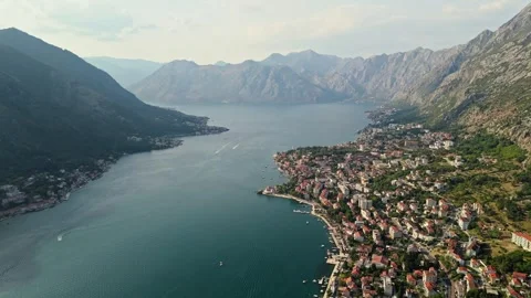Mountain Bay Winding Between Steep Ridges Wide Aerial View Stock Footage 345529579