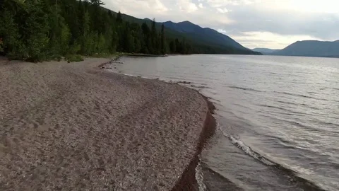 Mountain Beach Flyover Drone Shot Montana Sunset in 4k.  Stock Footage 125990742