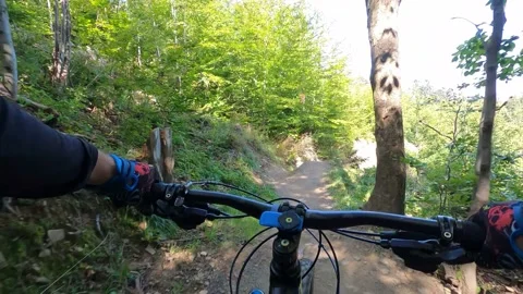 Mountain biker cycling on flow enduro single track trail in green forest. Stock Footage 139768752