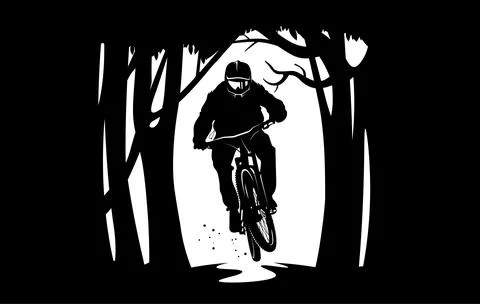 Mountain biker in dark forest. MTB, enduro, downhill, vector silhouette. Illustrazione stock