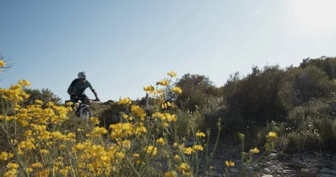 Mountain biker driving over a mountain trail Stock Footage 129884503
