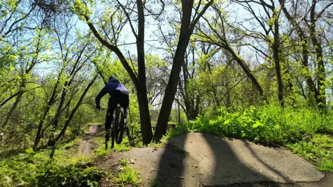 Mountain Biker Jumping Over Dirt Trail in Forest Slow Motion 4K Cinematic Action Vídeo Stock 333587279
