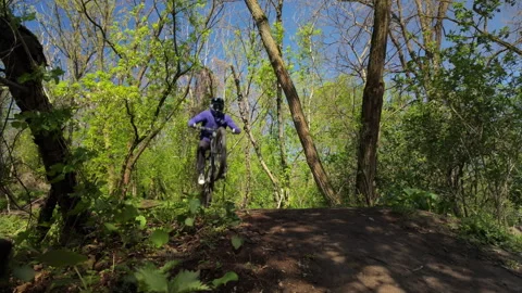 Mountain Biker Jumping Over Dirt Ramp in Forest Slow Motion 4K Action Shot Stock Footage 333588289