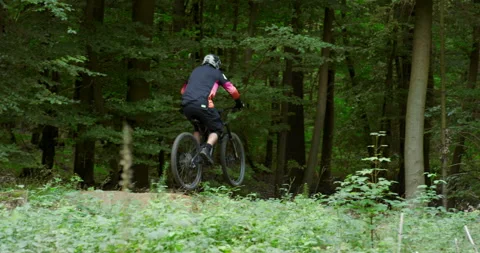 Mountain Biker Jumping Over Forest Trail Gap In Slow Motion Outdoors Stockbeeldmateriaal 330112775