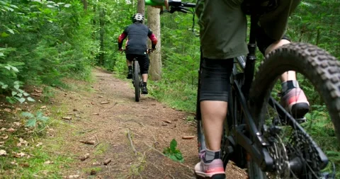 Mountain Biker Legs Pedaling on Forest Trail, Green Woodland, Close Up Shot Vidéo 340083584