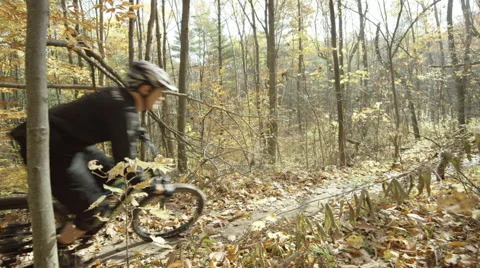 Mountain biker passes frame in slow motion in a colorful fall forest Stock Footage 54701155