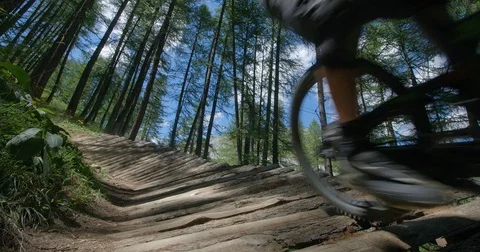 A mountain biker rides fast through a forest bike park. Vídeo Stock 78036085