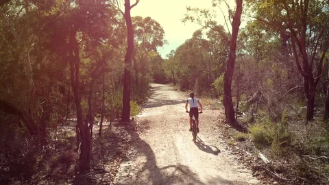 Mountain biker riding away from camera on dirt track Stock Footage 112106330