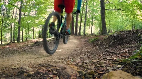 Mountain biker riding on flow single track in green forest. Stock Footage 138761611
