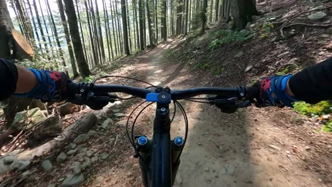 Mountain biker riding on flow single track trail in green forest. Stock Footage 139713746