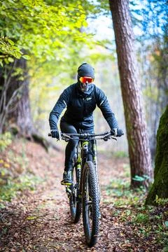 A Mountain Biker Skillfully Riding Through Vibrant Autumn Forest Trails and Stock Photos