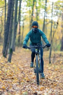 A Mountain Biker Skillfully Riding Through An Autumn Forest Trail Surrounded By Stock Photos