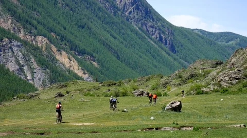 Mountain bikers in mountains of Altay Stock Footage 101879482