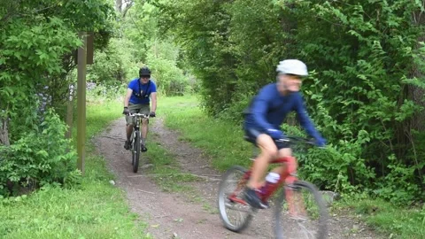 Mountain Bikes on dirt road in forest Video stock 132895826