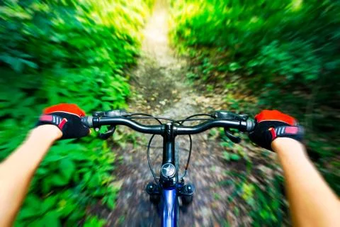 Mountain biking down hill. view from biker. Stock Photos