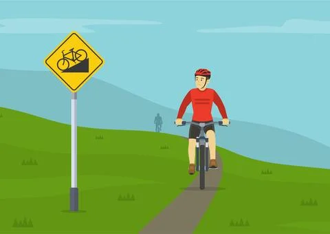 Mountain biking. Front view of a cyclist looking at traffic sign. Stock Illustration