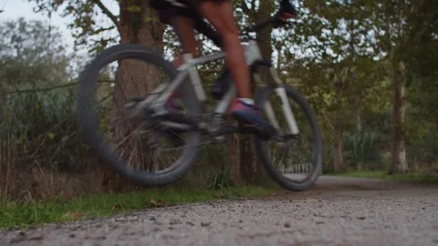 Mountain Biking Jump to a road in a Forest in Slow Motion Stock Footage 260260447