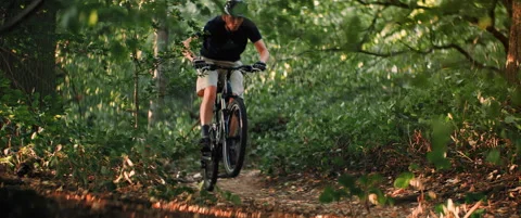 Mountain Biking Riding Fast Through Forest With Jump Stock Footage 147995351