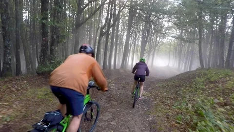 Mountain biking through misty forest Stock Footage 104186366