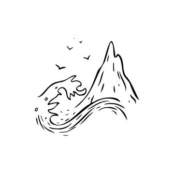 Mountain, birds, wave sketch vector illustration Stock Illustration