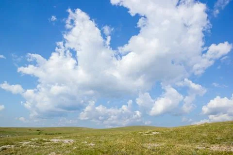 Mountain Blue Sky with White Clouds above Green Hills Field Summer Landscape Stock Photos