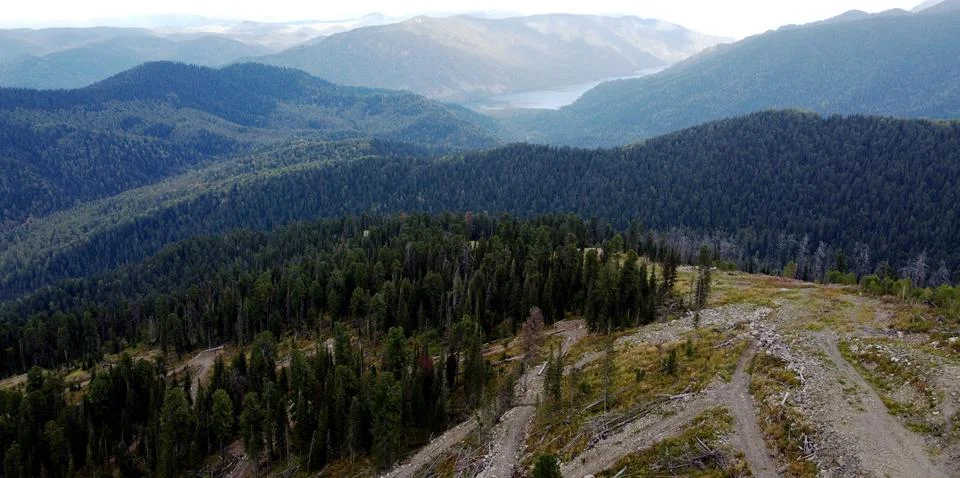A mountain breathtaking river flows through the tranquil plain under the large Stock Photos