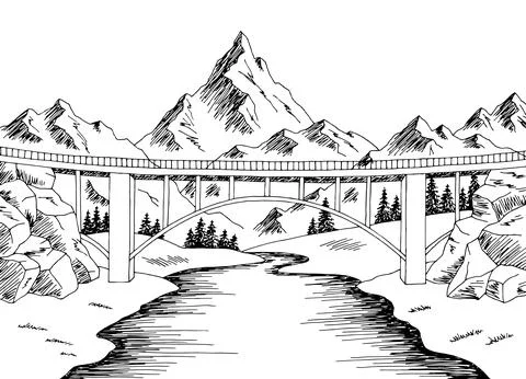 Mountain bridge river graphic black white landscape sketch illustration vector Stock Illustration