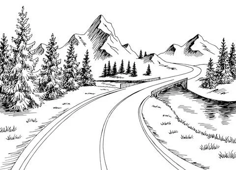 Mountain bridge river graphic black white landscape sketch illustration vector Stock Illustration