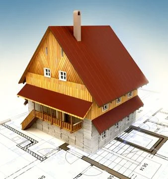 Mountain building house with layout plan and blue sky illustration Ilustración de archivo