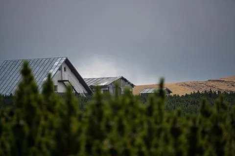Mountain cabin behind some trees Foto stock