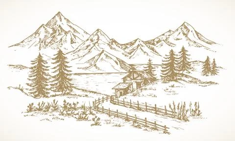 Mountain Cabin Sketch Rustic Landscape Illustration. Hand Drawn Vector Mountains Ilustración de archivo