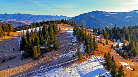 Mountain cabin surrounded by pine forest and snow patches. Stock Photos