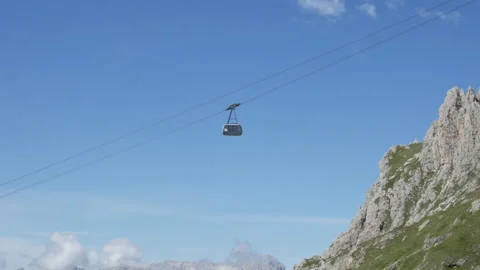 Mountain cable car descent from alpine peacks. Beatiful Blue sky background. Stock Footage 136713907